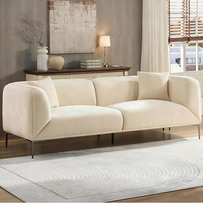 82.7" Modern Couch Upholstered Boucle Sofa Beige, 3 Seater Minimalist Curved Sofas with Metal Legs, Cozy Luxury Deep Seat Memory Foam Couches for Living Room Bedroom Home Office Apartment