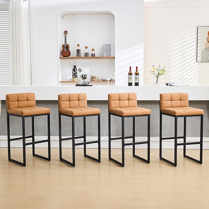 FIRAVOE Bar Stools Set of 4, Upholstered Bar Height Barstools with Back and Thickened Metal Frame, Modern 30-inch Tall Bar Chairs for Kitchen Island, Bar, Counter (Caramel Brown, 4Pcs 30" Bar Stools)