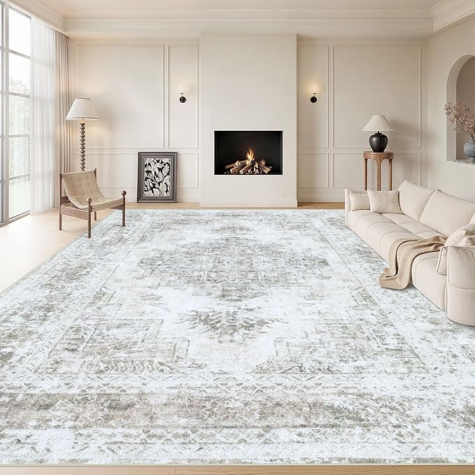 XLUEZ Area Rug 8x10 Living Room Rug, Machine Washable Vintage Distressed Medallion Rug Non-Slip Soft Low Pile Large Indoor Rugs for Bedroom Kitchen Dining Room Office(Taupe,8'x10')