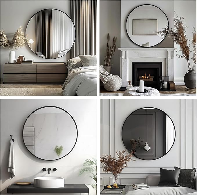 Sunniry Circle Mirror 26 inch, Black Round Mirror, Round Bathroom Mirrors Metal Frame, Circle Mirrors for Living Room, Bathroom, Wall, Hallway.
