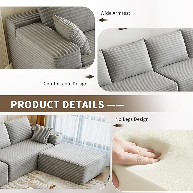 139.4" Modular Sectional Sofa, L-Shaped Minimalist Couches with Ottoman Chaise, Modern Deep Seat Convertible Sleeper Sofa,Cloud Plush Corduroy Fabric, No Assembly Required, 5 Seater, Grey