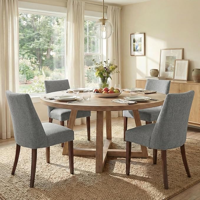 Wooden Dining Chairs Set of 4, Upholstered Farmhouse Fabric Dining Room Chair, Mid Century Kitchen Chair for Restaurant & Cafe, Light Grey