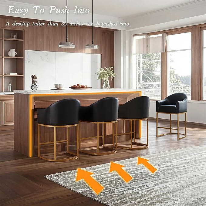 Counter Height Bar Stools Set of 2,Modern Counter Height Bar Stools,PU Leather Upholstered Barrel Barstools with Backs,26'' Kitchen Island Chairs,Metal Gold Frames,Ink Black Leather