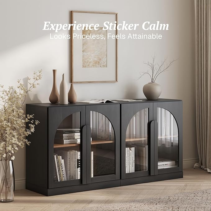 BELLEZE Set of 2 Modern Sideboard Buffet Cabinets (63" Wide) - Large Kitchen Credenza with 4 Arched Glass Doors - Seamless Storage Console Table for Dining Room, Living Room & TV Stand - Ebony