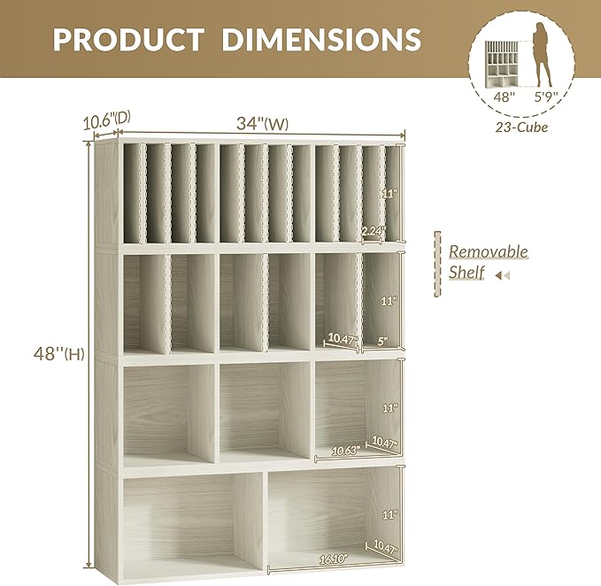 IOTXY DIY Modular Cube Bookcase - CubeXY Customizable Stackable Expandable Combination Set, 23-Cube Open Bookshelf for Books, Fabric Storage Bin, and 7/10-inch Vinyl Record Organizer, Oak