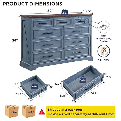 ACCOHOHO Farmhouse 9 Drawer Dresser for Bedroom, 36 Inch Tall Modern Dresser TV Stand with Large Drawers & Bar Handles, Rustic Wood Chest of Drawers for Bedroom, Living Room, Hallway, Blue