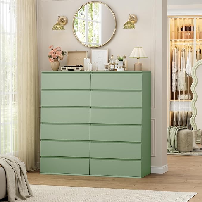 FOTOSOK Green Dresser, 6 Drawer Dresser, Modern Tall Floor Storage Cabinet with Metal Sliding Rail, Wooden Handleless Drawer Cabinet, 6-Layer Large Capacity Vertical Dressers for Home & Office