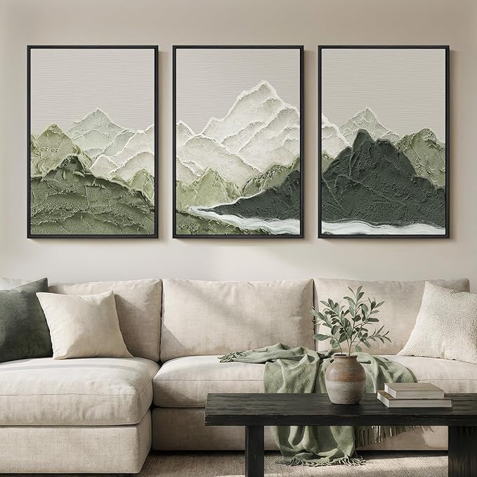 Framed Green Abstract Mountain Wall Art for Living Room, 3 Piece Large Landscape Prints Canvas Artwork for Walls, Modern Minimalist Scenic Pictures Bedroom Dining Room Home Office Wall Decor, 24x36 In