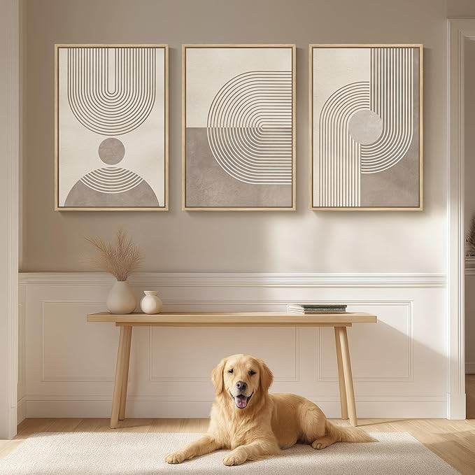 Framed Boho Neutral Abstract Wall Art for Living Room, Large 3 Piece Mid Century Modern Painting Prints, Minimalist Geometric Canvas Artworks for Dining Room Hallway Office Wall Decor, 24x36 In