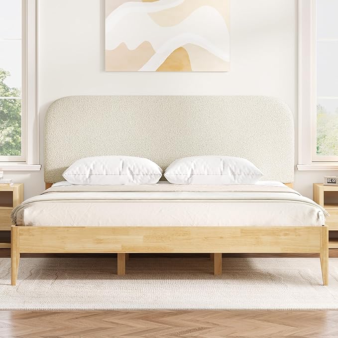 KISLOT Wood Bed Frame with USB & Type-C Charging, Boucle Platform Bed with Upholstered Headboard Mattress Foundation No Box Spring Needed Easy Assembly