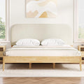 KISLOT Wood Bed Frame with USB & Type-C Charging, Boucle Platform Bed with Upholstered Headboard Mattress Foundation No Box Spring Needed Easy Assembly