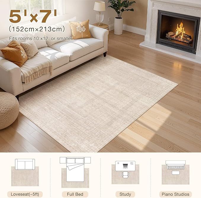 6x8 Area Rug Living Room: Washable Large Vintage Beige Rug Neutral Non-Slip Soft Stain Resistant Indoor Carpet for Bedroom Nursery Dining Room Under Table Bed Home House Office Playroom