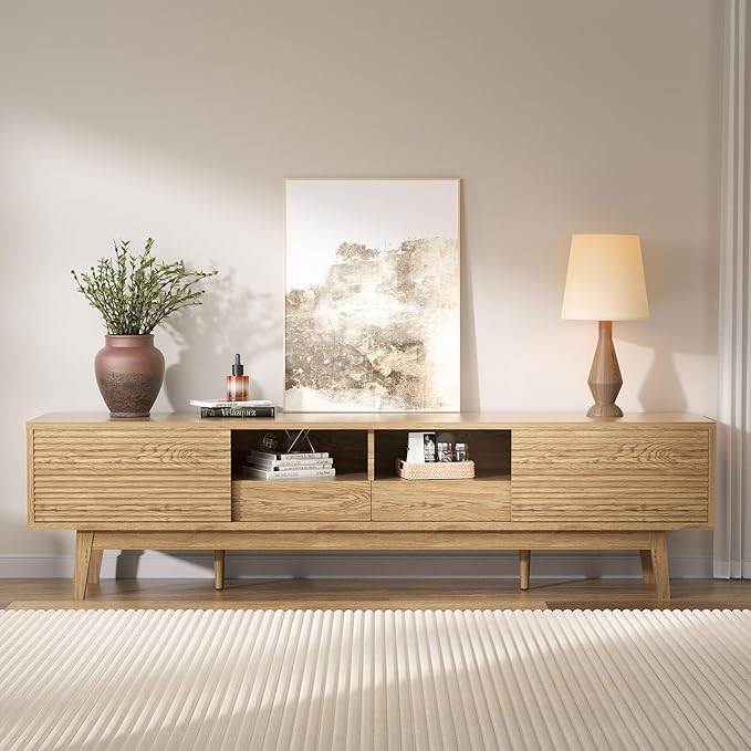 MU 70 Inch TV Stand for TVs up to 75 Inch, Mid Century Modern TV Console with Fluted Sliding Doors, Shelves & Drawers, Low Profile Entertainment Center for Bedroom, Living Room (Oak, 70")