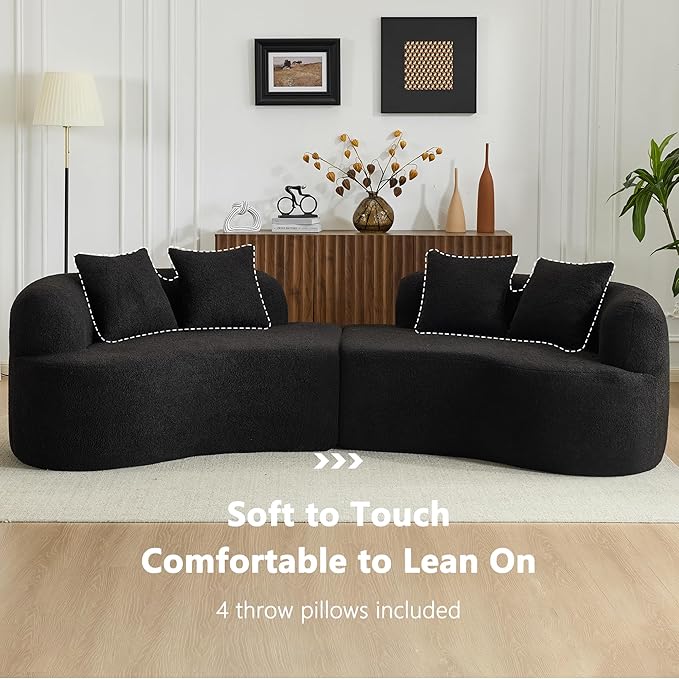 106.7" Modern Curved Oversized Sectional Sofa, Minimalist Modular Cloud Couch with 4 Throw Pillows, Luxury 4-Seater Extra Deep & Wide Seat Sofa in Soft Teddy Fabric, Pure Black