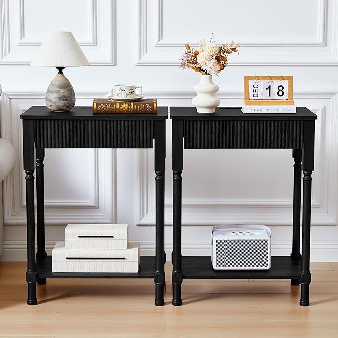 Night Stand Set of 2,Fluted Nightstand with Charging Station, 23.6” Large Bed Side Table End Table with Drawer, Modern Mid Century Wooden Night Stands Bedside for Bedroom Living Room Sofa Office,Black