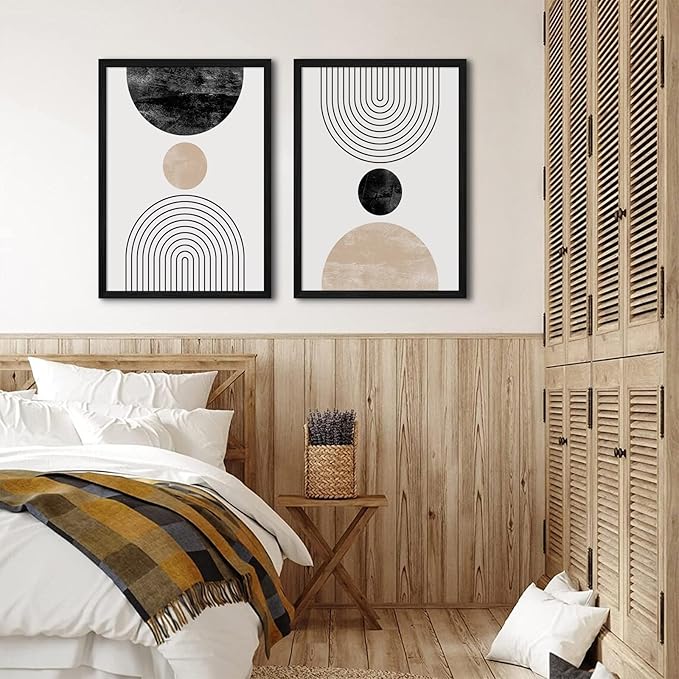 Mid Century Modern Wall Art Prints Set of 2 Neutral Abstract Geometric Wall Art Boho Canvas Prints Mid Century Eoind Wall Decor Modern Abstract Pictures Artwork for Home Room 12x16 Inch Black Framed