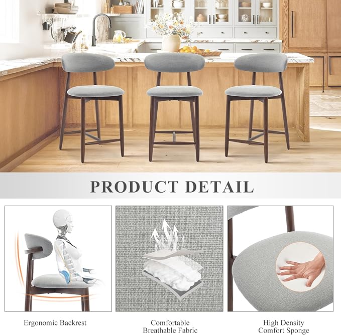 COLAMY Bar Stools Set of 3, Counter Height Barstools with Back, Upholstered Bar Stools with Wood Legs for Kitchen Island Dining Room Bar, Light Grey