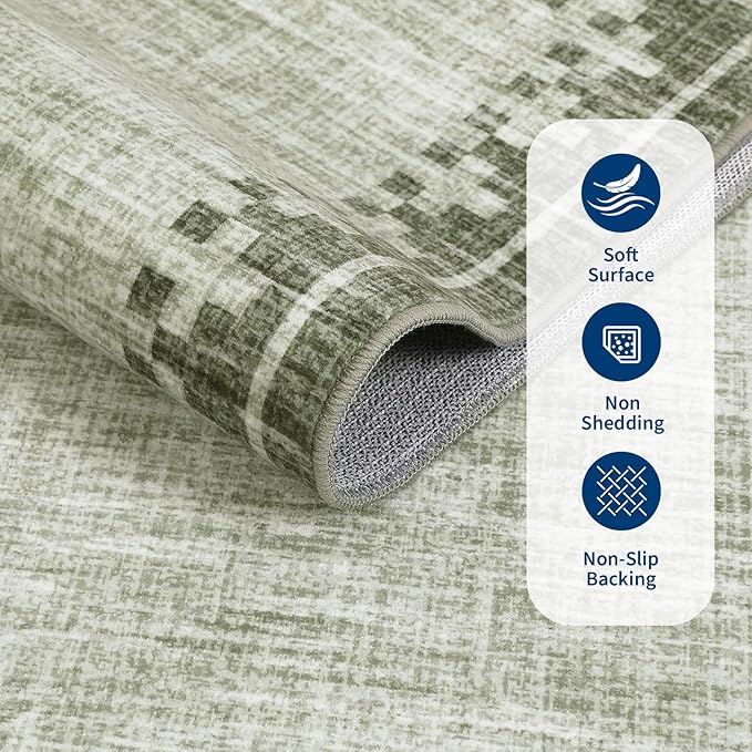 GarveeHome 9x12 Washable Living Room Area Rugs Non Slip Modern Bordered Bedroom Throw Carpet Soft Stain Resistant Geometric Dining Room Rug Low Pile Cross Carpets for Nursery Dorm Home Office, Green