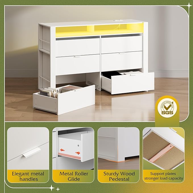 WLIVE 6 Drawer Led Dresser for Bedroom, 51" White Wood Dresser Storage Organizer with Charging Station for 55" TV, Dressers with Open Shelves, Hanging Rack, Chest of Drawers for Closet, Living Room