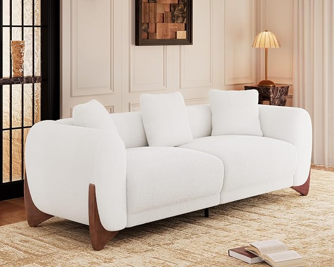 Morden Fort 2 Piece Cloud Couch Set, Modern Sherpa Boucle Sofa Set with Wood Legs, Skin-Friendly Minimalist Upholstered Comfy Couch Sofas for Living Room, 3-Seater Sofa & Tilt Back Chair, Off White