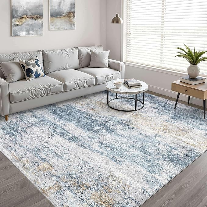 5x7 Area Rug Living Room: Washable Large Neutral Rug Abstract Soft Modern Stain Resistant Indoor Floor Non-Slip Carpet for Bedroom Nursery Kids Office Playroom Dining Room Under Table- Blue Gold
