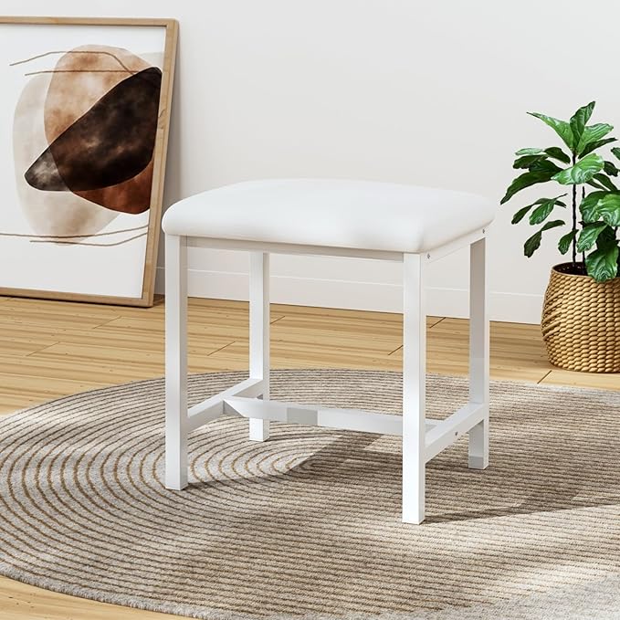 Small Vanity Stool, Cute Vanity Stools with Cushion, White Makeup Vanity Chair for Small Spaces, Living Room, Bedroom, Bathroom, Entryway, Ottoman Foot Rest for Couch Sillas Modern