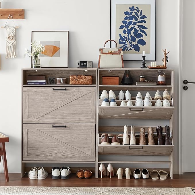 RWYHG Shoe Cabinet Storage for Entryway with 2 Flip Drawers Open Storage Layer Rack Narrow Organizer Slim Hidden Wood Shoe Cabinet Furniture Grey