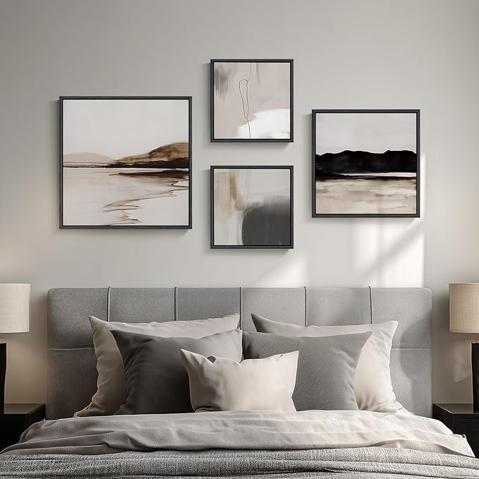 Framed Neutral Abstract Wall Art for Living Room, Set of 4 Piece Modern Landscape Canvas Artworks, Minimalist Black and Gray Painting Prints for Bedroom Dining Room Hallway Home Office Wall Decor