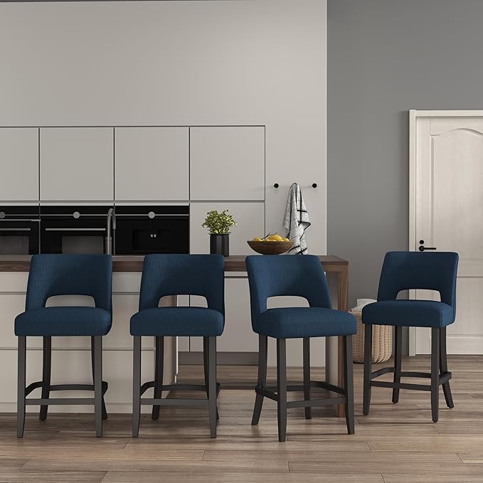 VKNOW Bar Stools Set of 4, Modern Counter Height Bar Stools, 26" Upholstered Counter Stools with Black Wood Legs for Kitchen Island Dining Room Bar, Blue-Black Legs
