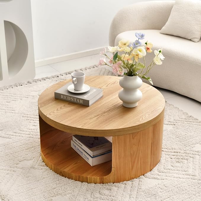 Round Coffee Table with Storage, 31" Modern Living Room Table, 2 Tier Circle Wood Center Tables for Apartment, Living Room, Open-Style Storage Tea Tables, 31"*14.1" (Nature Wood)