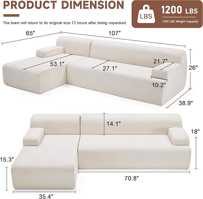 Weture 107" Modular Sectional Cloud Couch, Boneless couches Sponge sectionals for Living Room, High Density Sponges Sofa, Modular L-Shape with Chaise, Beige