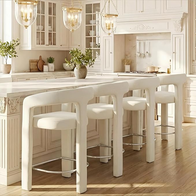 HNY 26 Inch Velvet Modern Tall Barrel Bar Stools Set of 4, Upholstered Barstools with Open Backs, Counter Height Bar Stools Chairs with Armrest for Kitchen Island, White