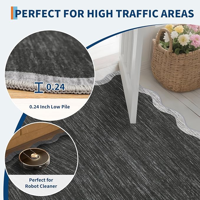 GarveeHome Scalloped Washable Rug 5x7 Area Rug for Living Room Modern Non Slip Throw Rugs Bedroom Rugs Low Pile Soft Non Shedding Stain Resistant Carpet for Dining Room Nursery 5 ft x7 ft Black