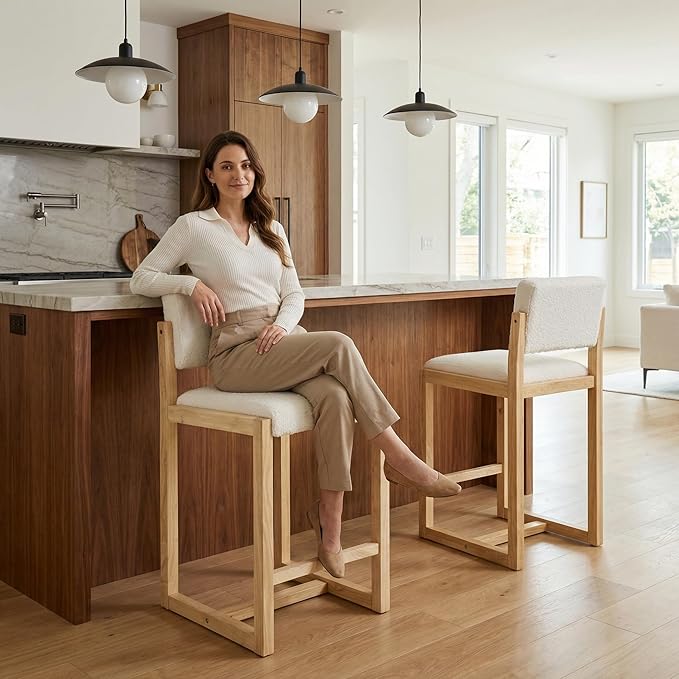 DUOMAY Modern Bar Stools Set of 4, 26" Counter Height Barstools, Sherpa Upholstered Kitchen Island Chair with Light Walnut Color Wood Legs for Home, White
