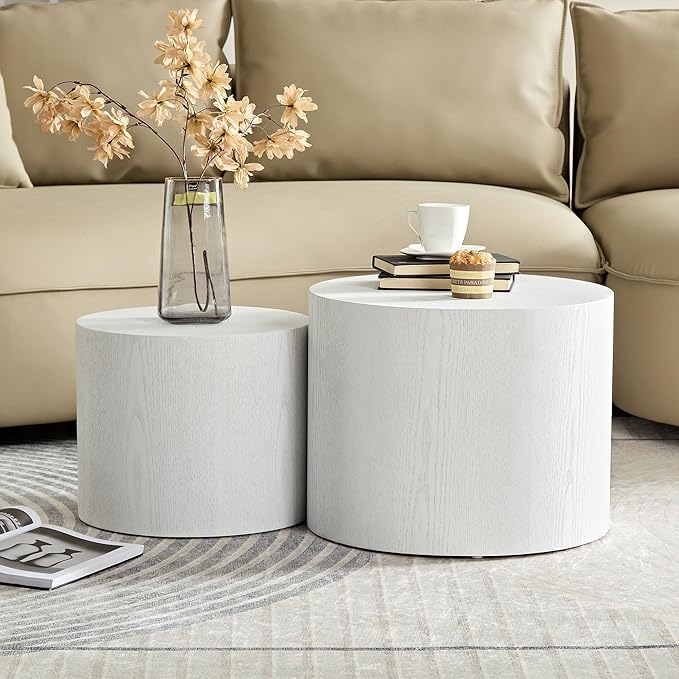 WILLIAMSPACE 18.9" White Nesting Coffee Table Set of 2, Modern Black Round Coffee Tables Circle Side Table for Small Space, Accent End Table Set, No Assembling, White Wood Grain