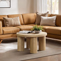 LuxenHome Round Coffee Table with 4 Pillar Legs, 27.5'' Wide Accent Center Table, Modern Farmhouse Oak Finish Wooden Low Cocktail Tea End Table with Sturdy Base for Living Room Home Office