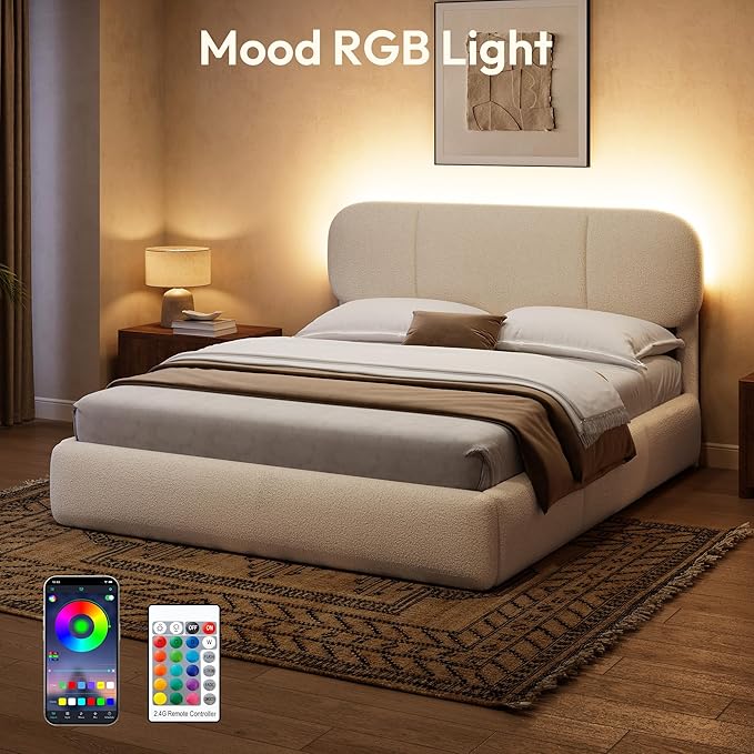 Queen Size Bed Frame with Storage, Boucle Cloud Bed with 4 Locking Drawers & LED Lights, Modern Upholstered Platform Bed, Plush Sides & Footboard, Adjustable Headboard, No Box Spring, Beige