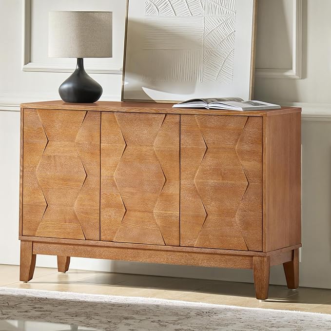HULALA HOME Modern Kitchen Buffet Cabinet Storage Sideboard with 3D Geometric Design, Freestanding Floor Cabinet with 3 Doors & 2 Adjustable Interior Shelves for Living & Dining Room Hallway, Seadrift