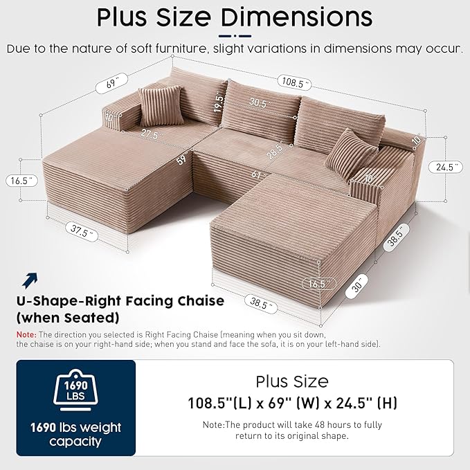 No Assembly Cloud Modular Sectional Sofa，108" U-Shape Corner Couch with Ottoman - Plush Corduroy, Deep Seating, Right Chaise (Camel) | Modern Minimalist Living Room Furniture