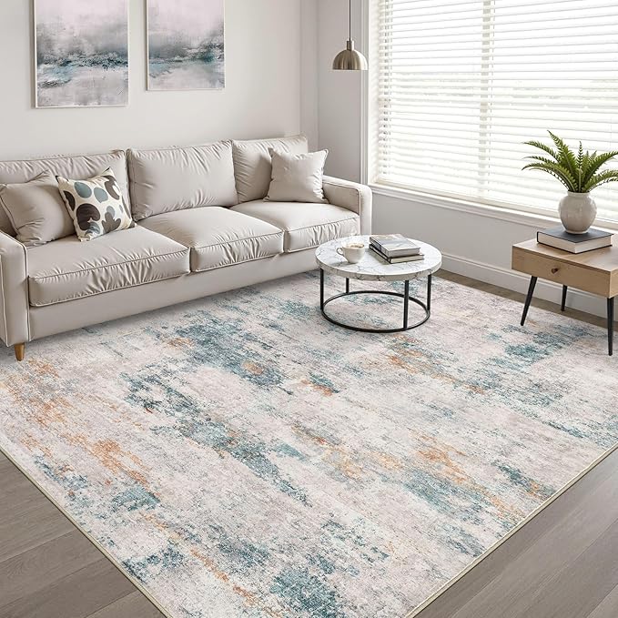 5x7 Area Rugs Living Room: Washable Large Neutral Aqua Brown Rug Abstract Soft Modern Stain Resistant Indoor Floor Non-Slip Carpet for Bedroom Nursery Kids Office Playroom Dining Room Under Table
