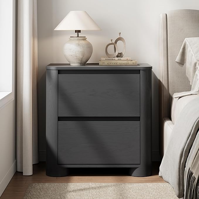 Black Nightstand with Charging Station, 23.6" Modern Night Stand with Unique Thickened Foot and 2 Storage Drawers, Bedside Table with Rounded Corner Design for Bedroom