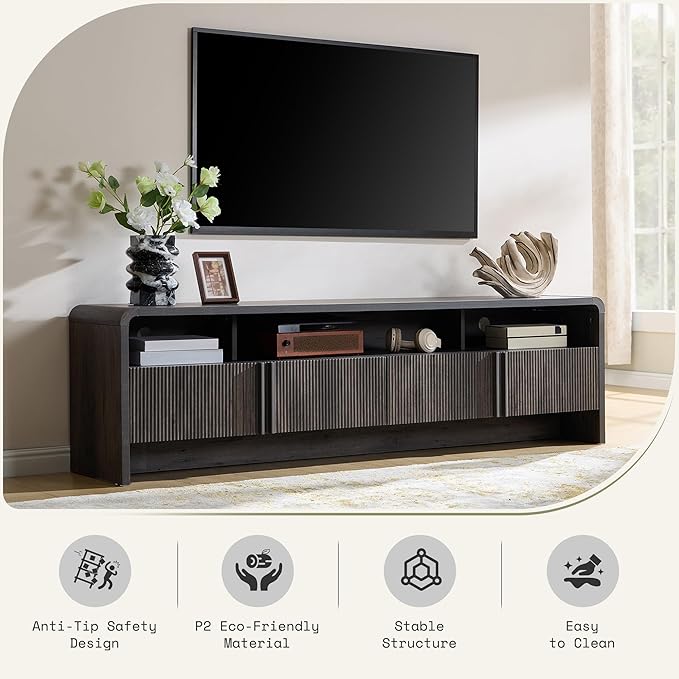 AMERLIFE Modern TV Stand for TVs up to 80", 70 inch Fluted TV Console with Storage Cabinets, Wood Entertainment Center Media Console for Living Room, Black