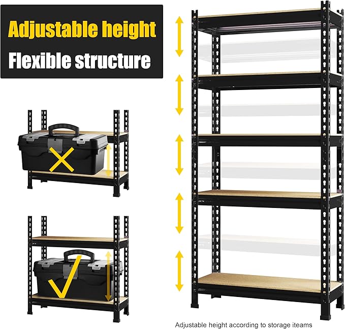 PrimeZone Storage Shelves 4 Pack 5 Tier Adjustable Garage Storage Shelving, Heavy Duty Metal Storage Utility Rack Organizer Shelf Unit for Warehouse Pantry Closet Kitchen Basement, Black