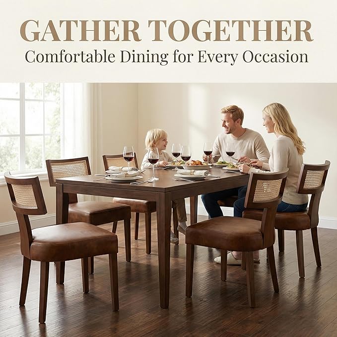 HNY Mid Century Modern Rattan Dining Chairs Set of 6, Farmhouse PU Leather Upholstered Accent Chair Curved Backrest Kitchen Chairs, with Hardwood Frame, Brown