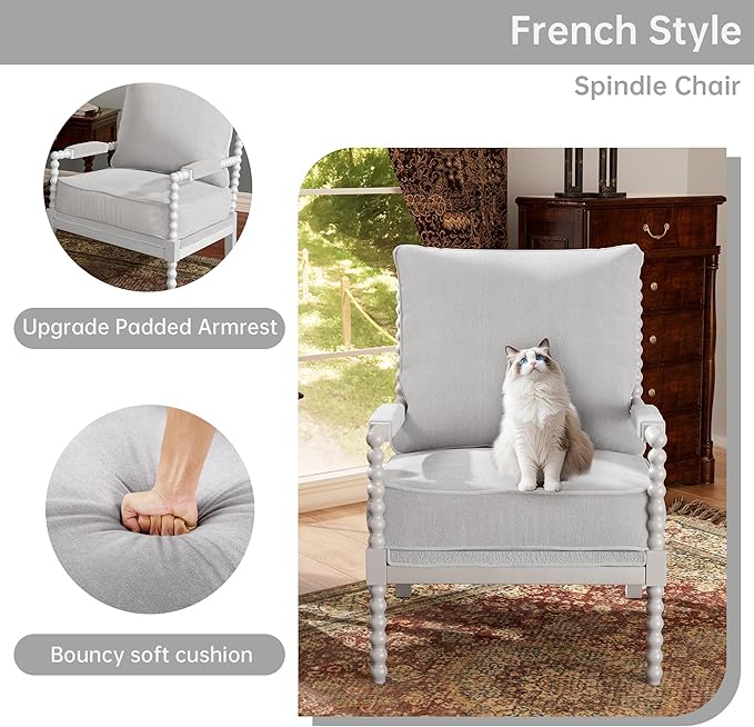 Morden Fort Linen Fabric Spindle Accent Chair with Wood Frame, French Style Accent Chairs with Padded Spring Seat and Armrest Pads, Brushed Base for Living Room Bedroom Farmhouse Office Balcony