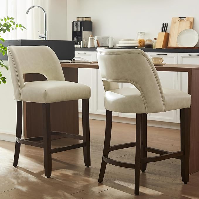 VKNOW 26" Bar Stools Set of 2, Faux Leather Counter Height Bar Stools with Backrest and Rubberwood Legs, Upholstered Barstools for Kitchen Island, Bar and Dining Room, Beige