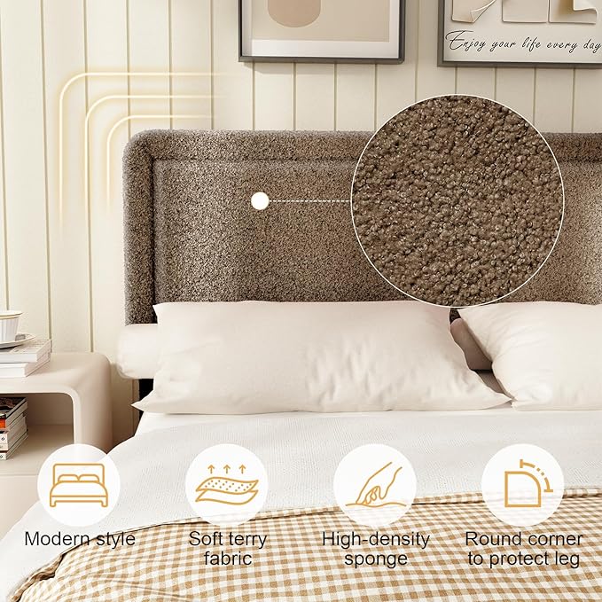 WEUP Queen Size Boucle Bed Frame, Upholstered Cloud Bed Frame with Adjustable Headboard, Soft Rounded Corners, No Box Spring Required, Easy Assembly, Coffee