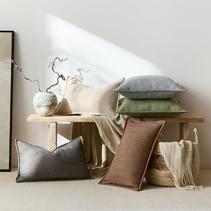 DEZENE 26x26 Linen Euro Sham Pillow Covers Sage Green Pack of 2 Farmhouse Boho Neutral Accents Striped Textured Square Decorative Throw Pillow Cases for Living Room Couch Bed Home Decor