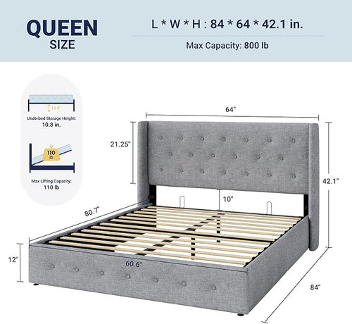 Allewie Queen Size Lift Up Storage Bed, Button Tufted Headboard with Wingback, Hydraulic Support, No Box Spring Needed, Light Grey