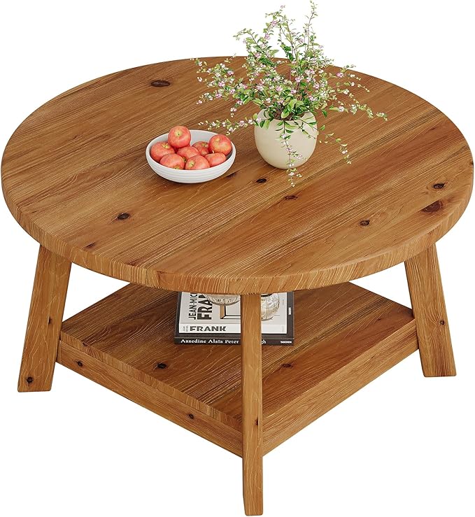 Solid Wood Round Coffee Table for Living Room, 31.5” Farmhouse Wooden 2-Tier Circle Center Cocktail Accent Table with Storage Shelf and Tapered Legs for Apartment, Small Space, Brown